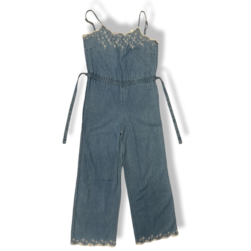 Blue Denim Jumpsuit with Lace Trim